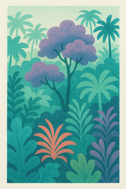 Example output from the Triadic Risograph Full Scenes ChatGPT prompt: Jungle Canopy
