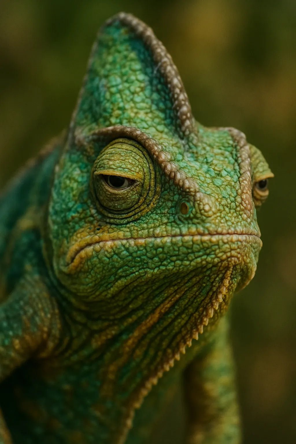 Example output of ultra close-up animal face portrait generated by a ChatGPT prompt template, showcasing a Chameleon.