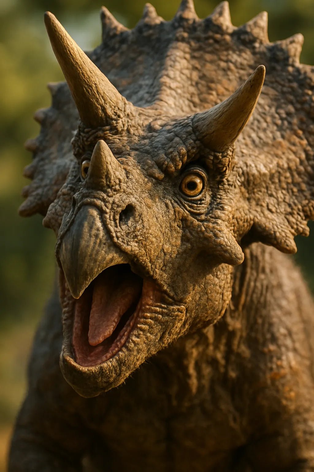 Example output of ultra close-up animal face portrait generated by a ChatGPT prompt template, showcasing a Dinosaur.