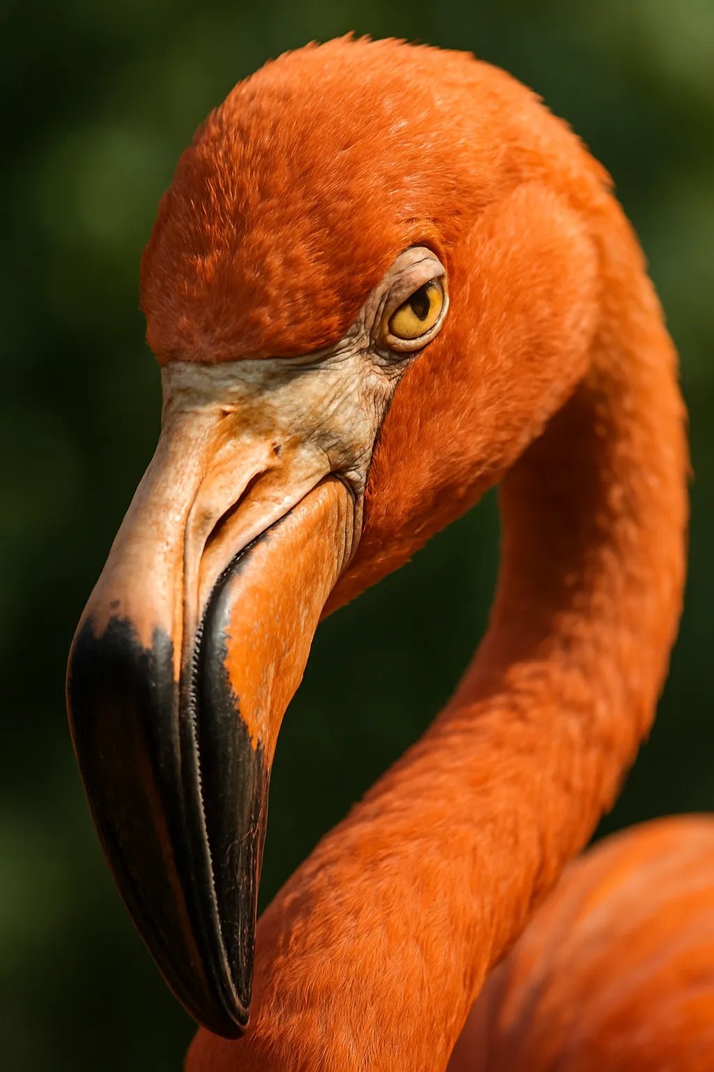 Example output of ultra close-up animal face portrait generated by a ChatGPT prompt template, showcasing a Flamingo.