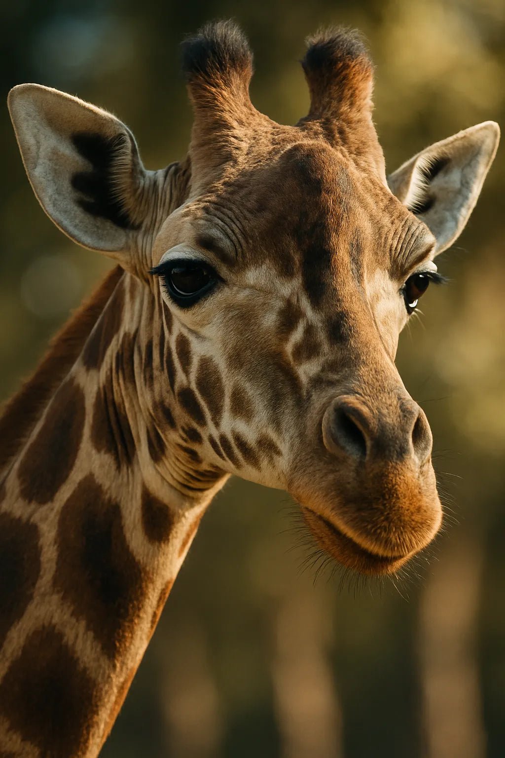 Example output of ultra close-up animal face portrait generated by a ChatGPT prompt template, showcasing a Giraffe.