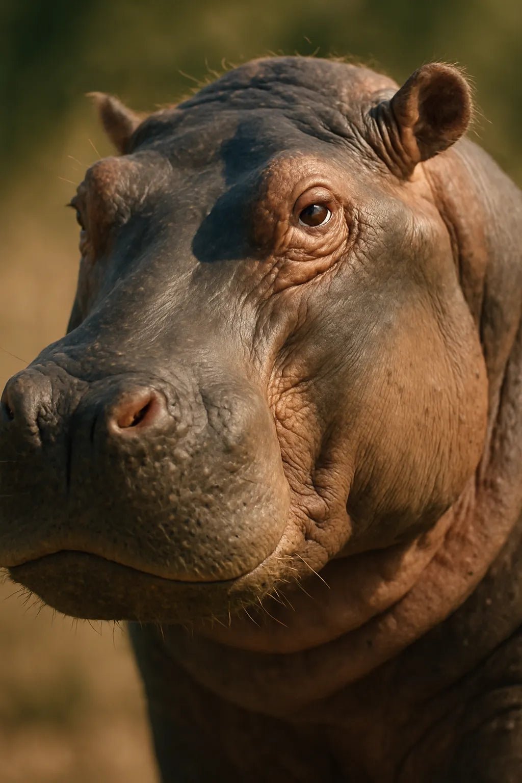 Example output of ultra close-up animal face portrait generated by a ChatGPT prompt template, showcasing a Hippo.