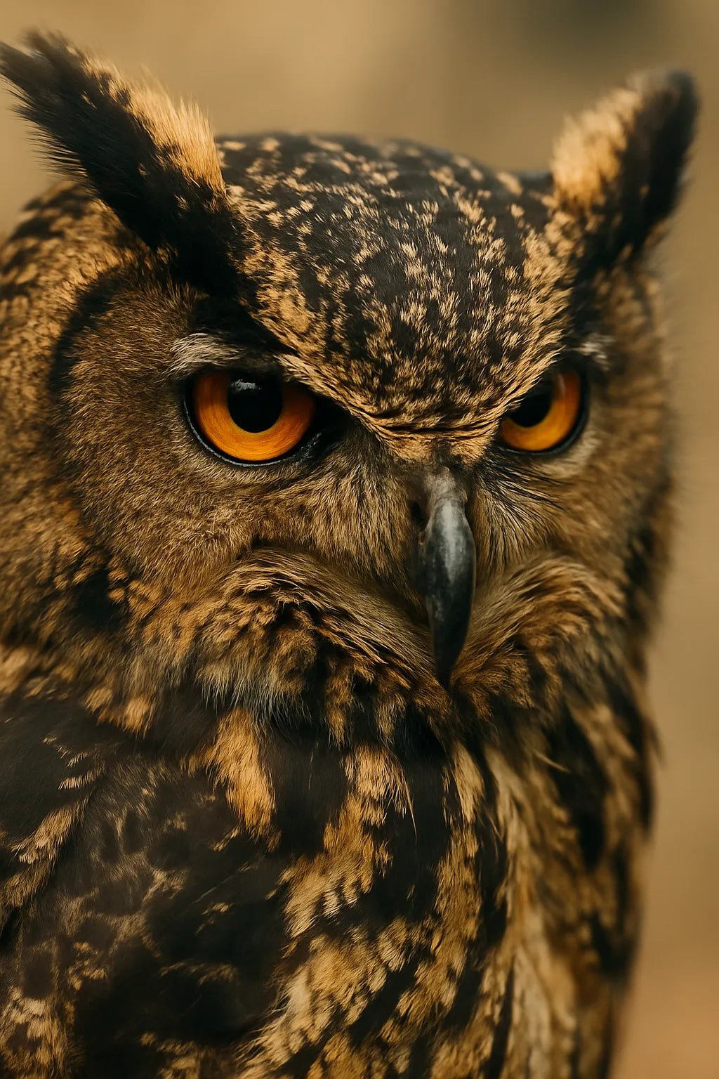Example output of ultra close-up animal face portrait generated by a ChatGPT prompt template, showcasing a Owl.