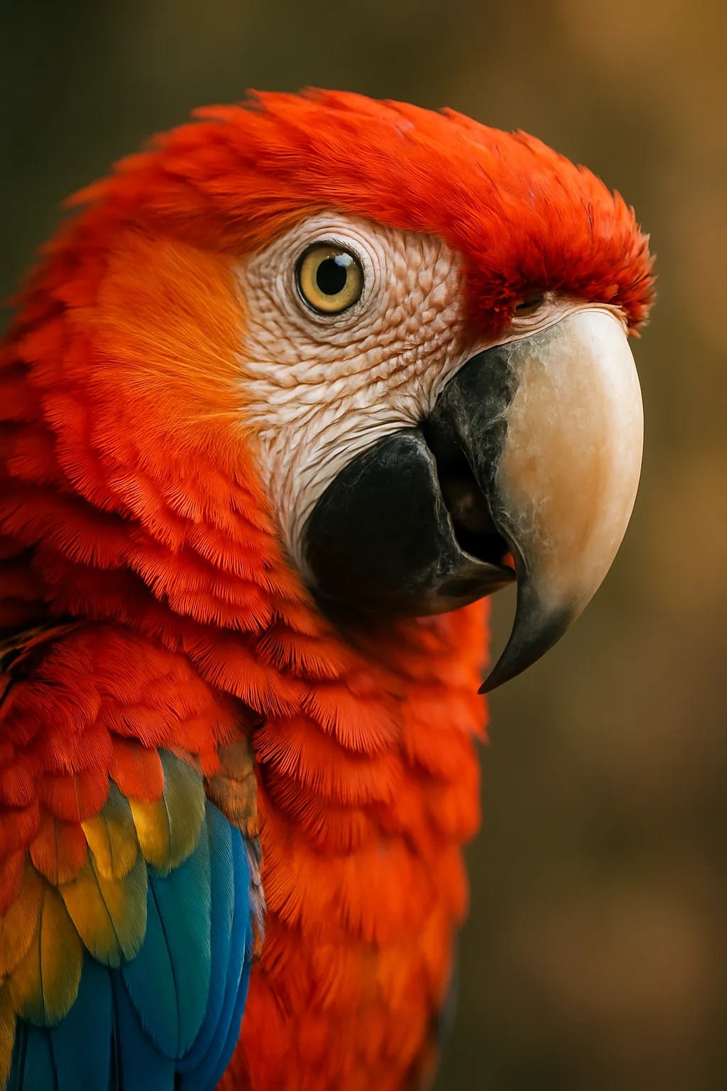 Example output of ultra close-up animal face portrait generated by a ChatGPT prompt template, showcasing a Parrot.