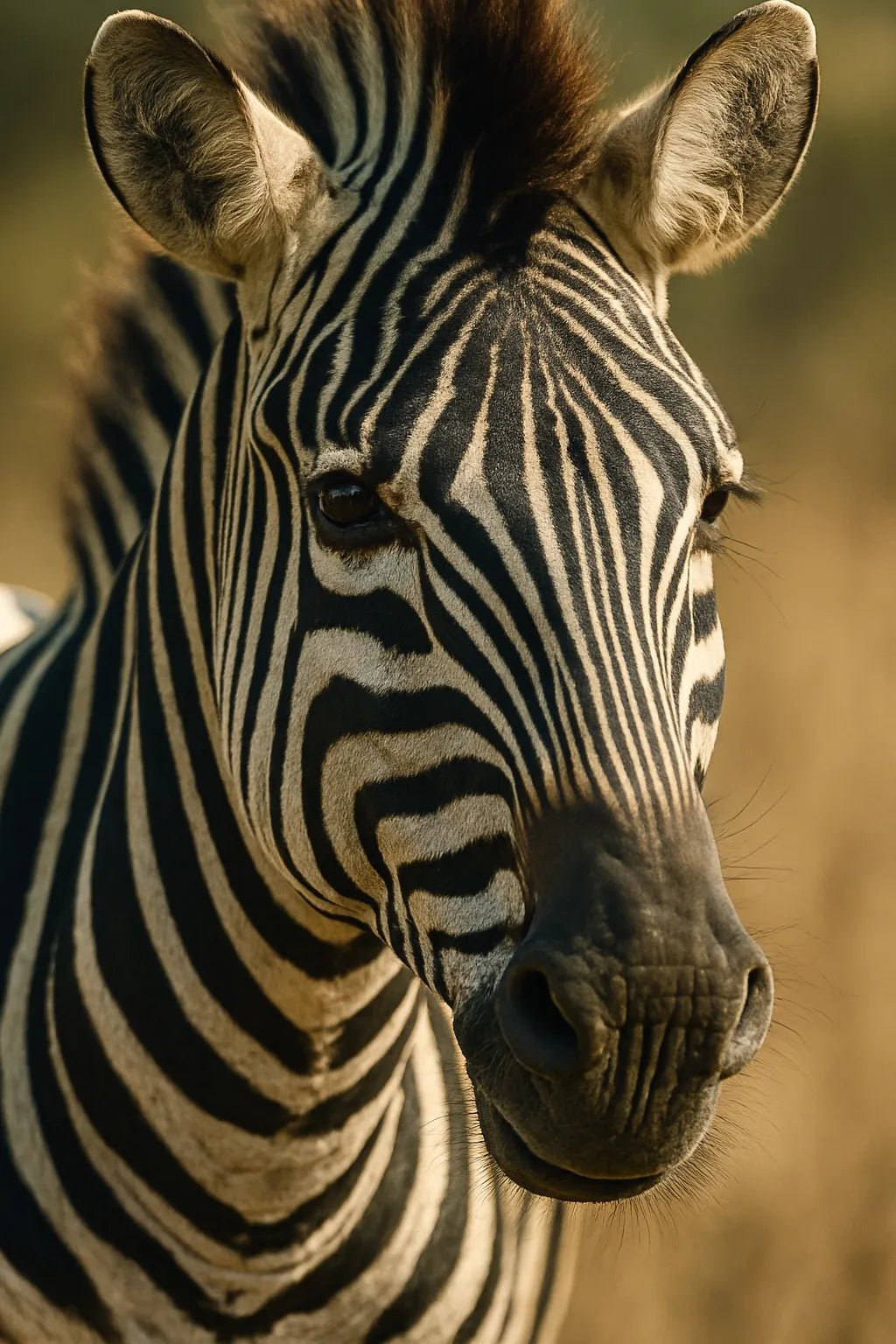 Example output of ultra close-up animal face portrait generated by a ChatGPT prompt template, showcasing a Zebra.