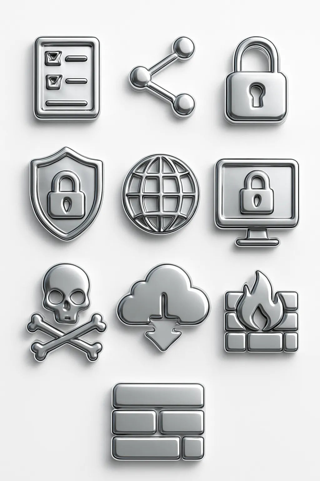 Example output from the Ultra Polished Chrome 3D Icons Pack ChatGPT prompt: Cyber security.