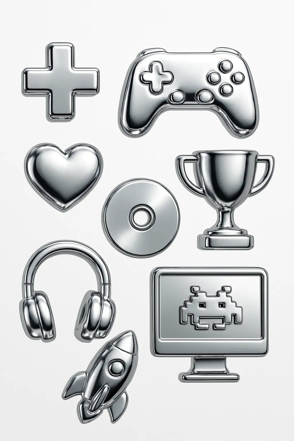 Example output from the Ultra Polished Chrome 3D Icons Pack ChatGPT prompt: Gaming.