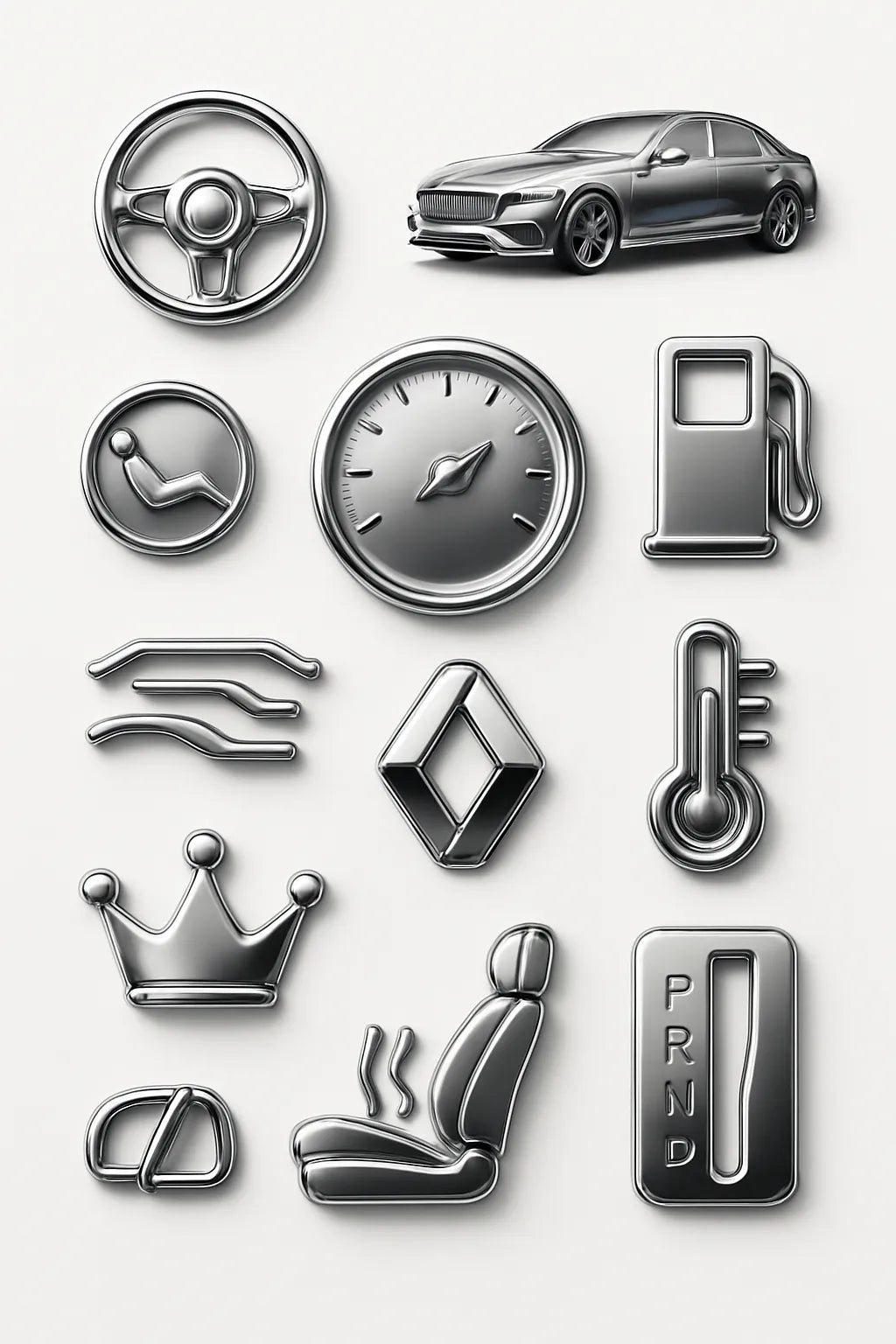 Example output from the Ultra Polished Chrome 3D Icons Pack ChatGPT prompt: Luxury Auto.
