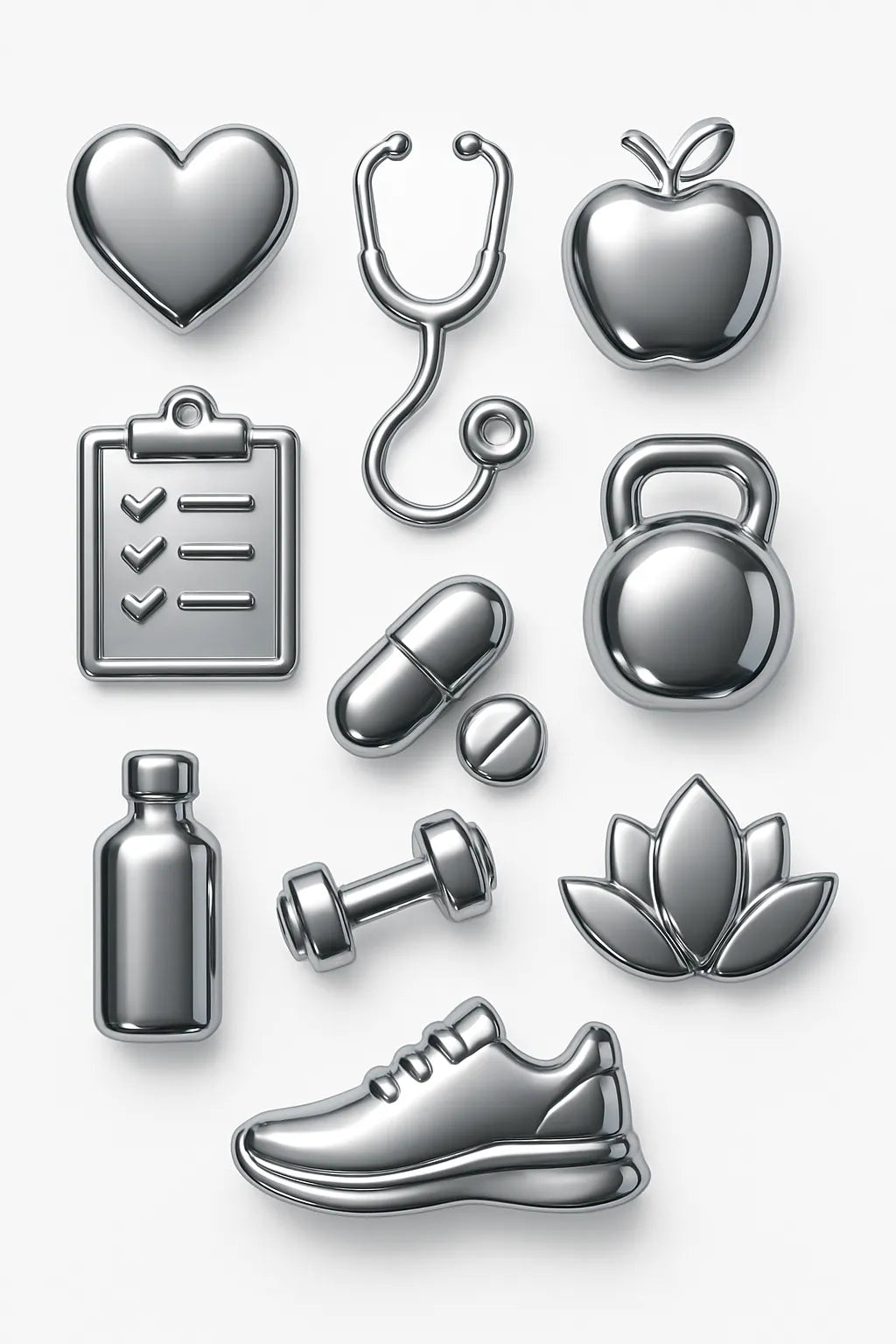 Example output from the Ultra Polished Chrome 3D Icons Pack ChatGPT prompt: Wellness.