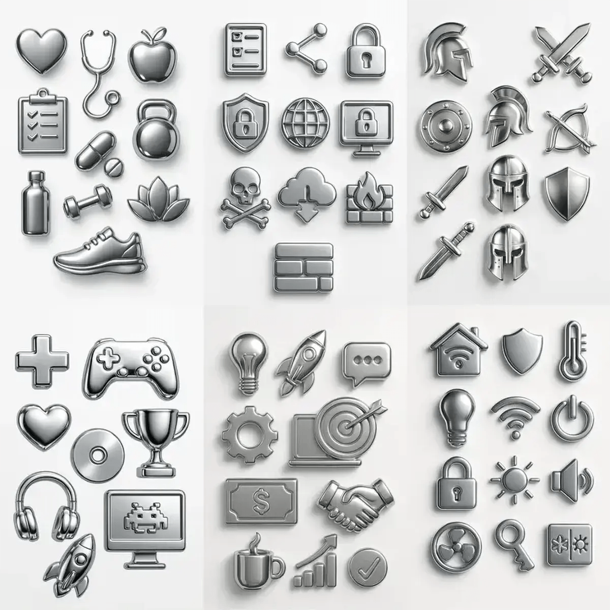 Example output from the Ultra Polished Chrome 3D Icons Pack ChatGPT prompt: a grid of razor-sharp metallic icons in photorealistic chrome with soft lighting, balanced spacing, and a white studio backdrop—ideal for apps and branding.