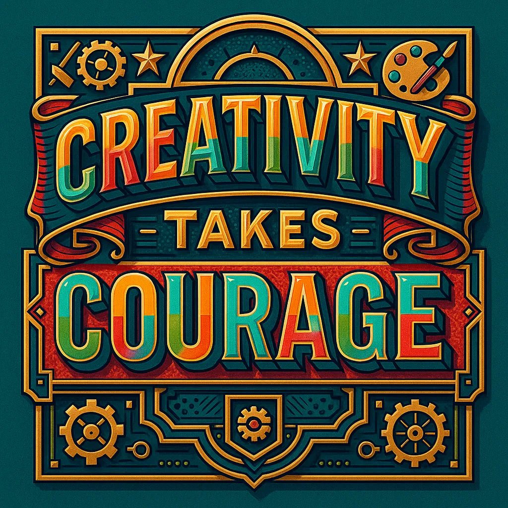 Example output from the Vector Multicolor Badges For Bold Quotes ChatGPT prompt: retro-style vector quote badges with bold fonts. Creativity Takes Courage.