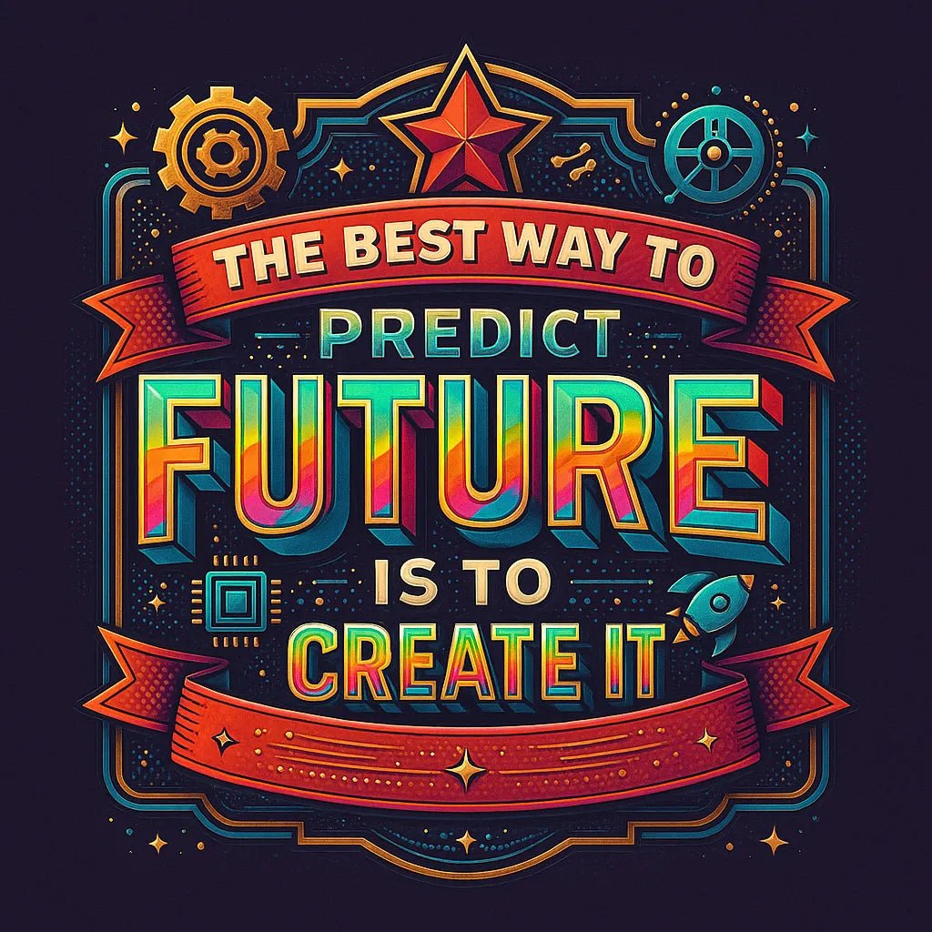 Example output from the Vector Multicolor Badges For Bold Quotes ChatGPT prompt: retro-style vector quote badges with bold fonts. The Best Way to Predict Future is to Create it.