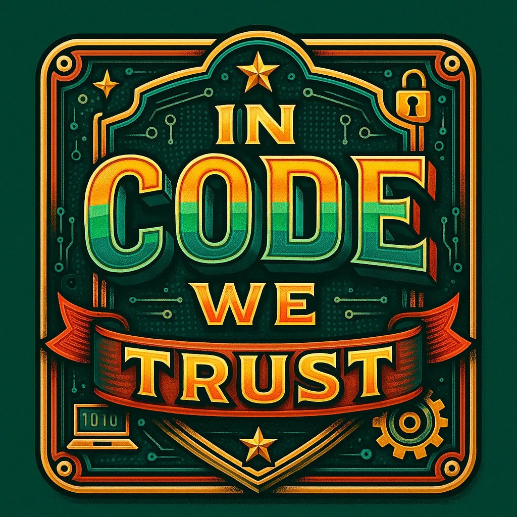 Example output from the Vector Multicolor Badges For Bold Quotes ChatGPT prompt: retro-style vector quote badges with bold fonts. In Code We Trust.
