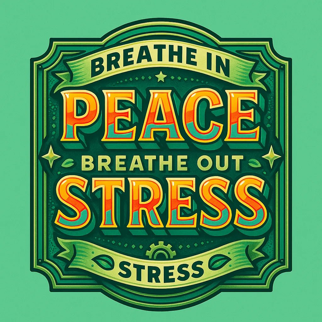 Example output from the Vector Multicolor Badges For Bold Quotes ChatGPT prompt: retro-style vector quote badges with bold fonts. Breathe in Peace Breathe Out Stress.