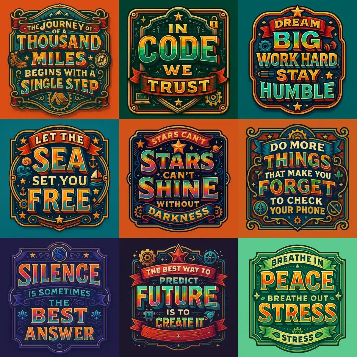 Example output from the Vector Multicolor Badges For Bold Quotes ChatGPT prompt: retro-style vector quote badges with bold fonts, vibrant gradients, layered frames, and 3D text—ideal for apparel, branding, and social media.