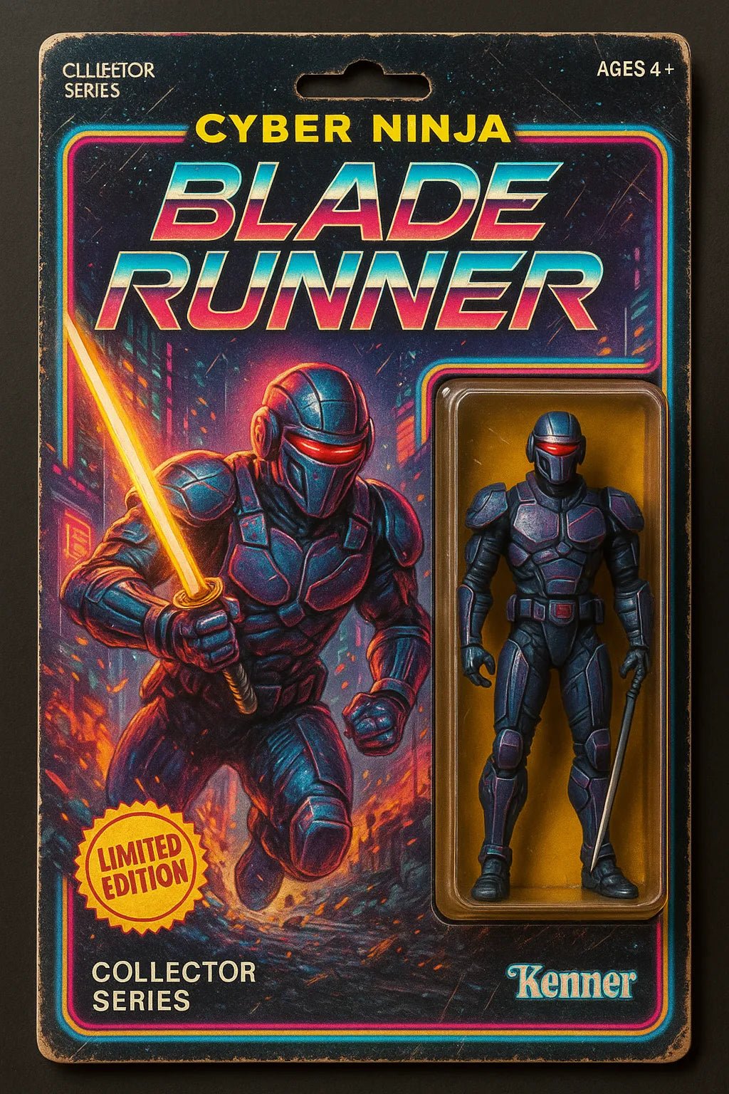 Example output from the Vintage Action Figure Packaging Boxes ChatGPT prompt: nostalgic toy packaging designs styled like 80s and 90s action figures. Blade Runner.