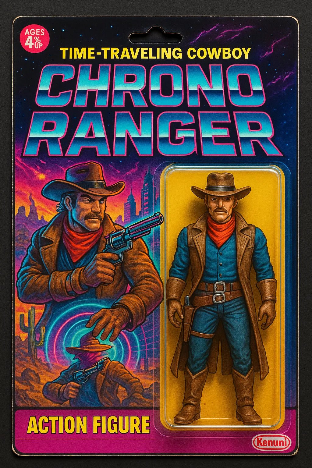 Example output from the Vintage Action Figure Packaging Boxes ChatGPT prompt: nostalgic toy packaging designs styled like 80s and 90s action figures. Chrono Ranger.