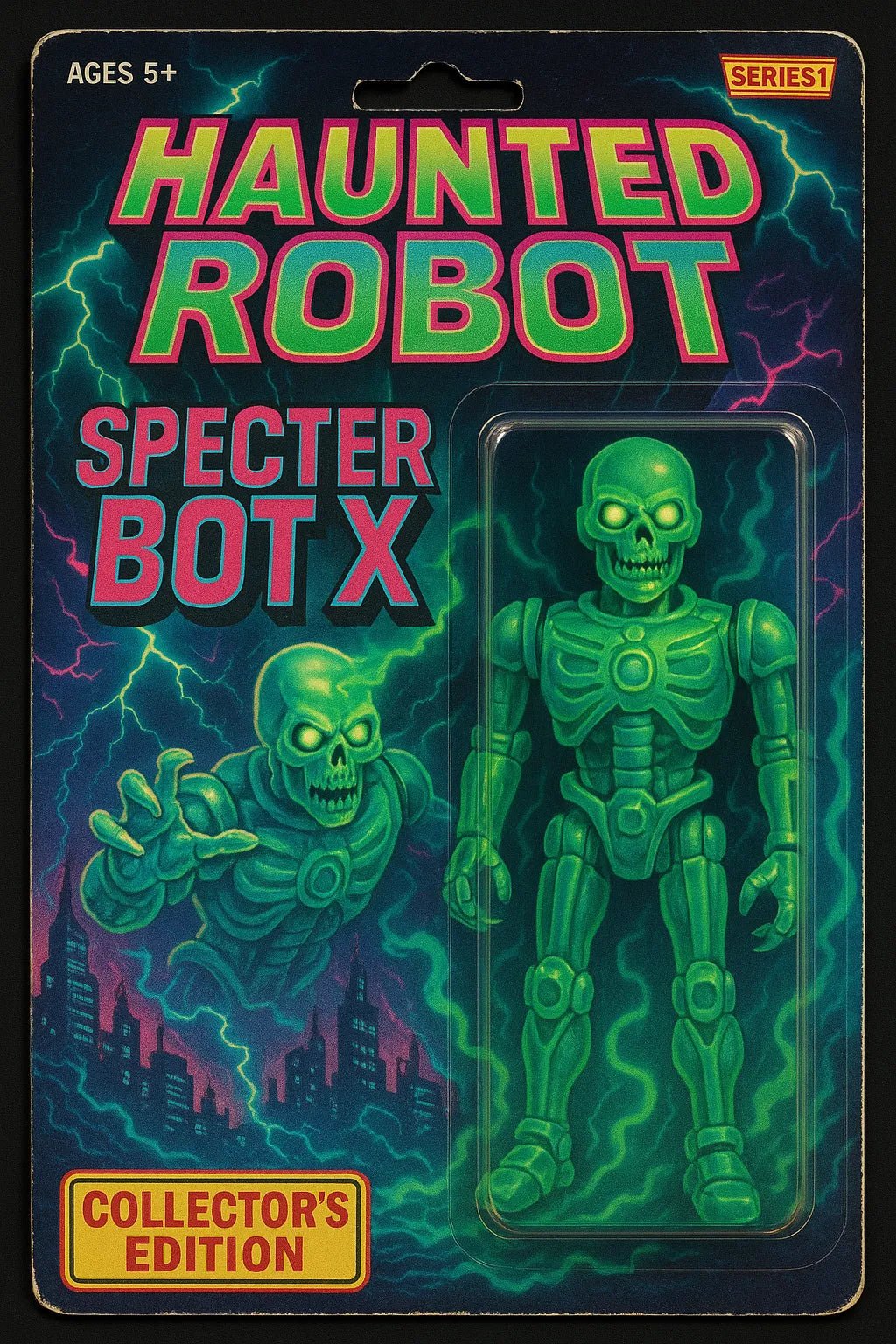 Example output from the Vintage Action Figure Packaging Boxes ChatGPT prompt: nostalgic toy packaging designs styled like 80s and 90s action figures. Haunted Robot.