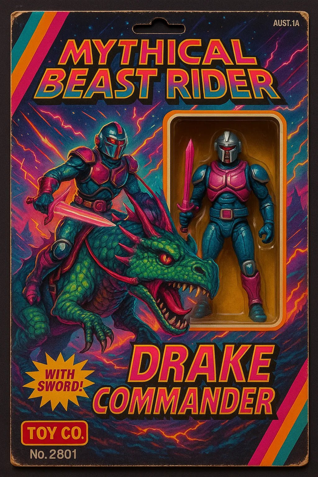 Example output from the Vintage Action Figure Packaging Boxes ChatGPT prompt: nostalgic toy packaging designs styled like 80s and 90s action figures. Mythical Beast Rider.