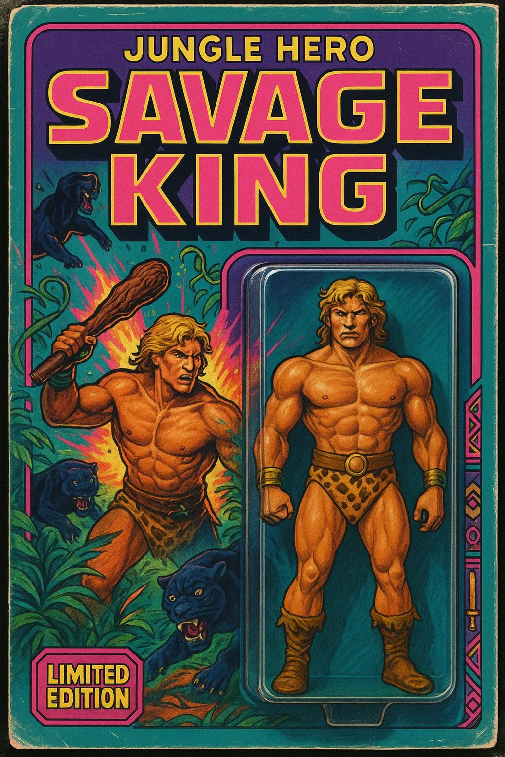 Example output from the Vintage Action Figure Packaging Boxes ChatGPT prompt: nostalgic toy packaging designs styled like 80s and 90s action figures. Savage King.