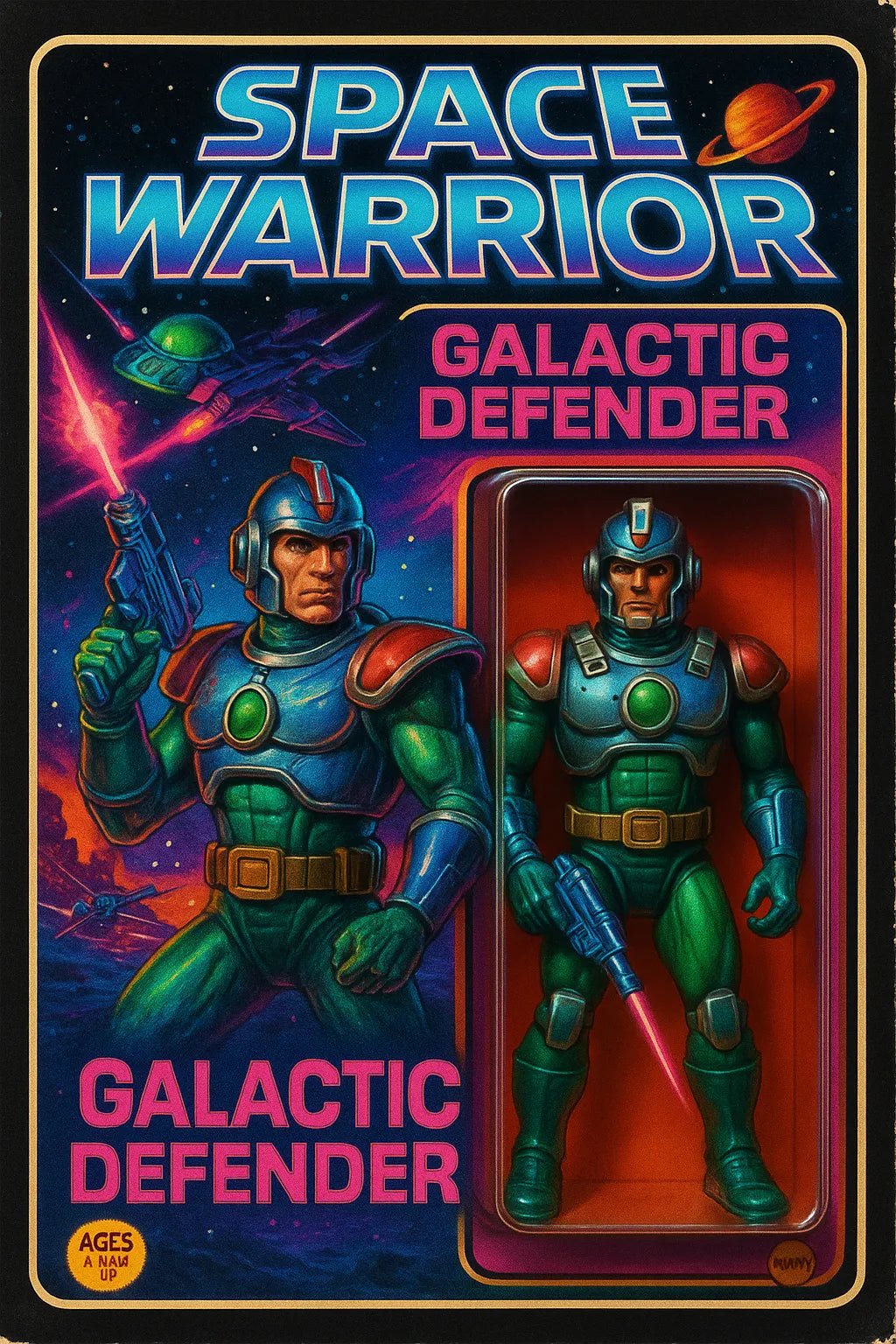 Example output from the Vintage Action Figure Packaging Boxes ChatGPT prompt: nostalgic toy packaging designs styled like 80s and 90s action figures. Space Warrior.