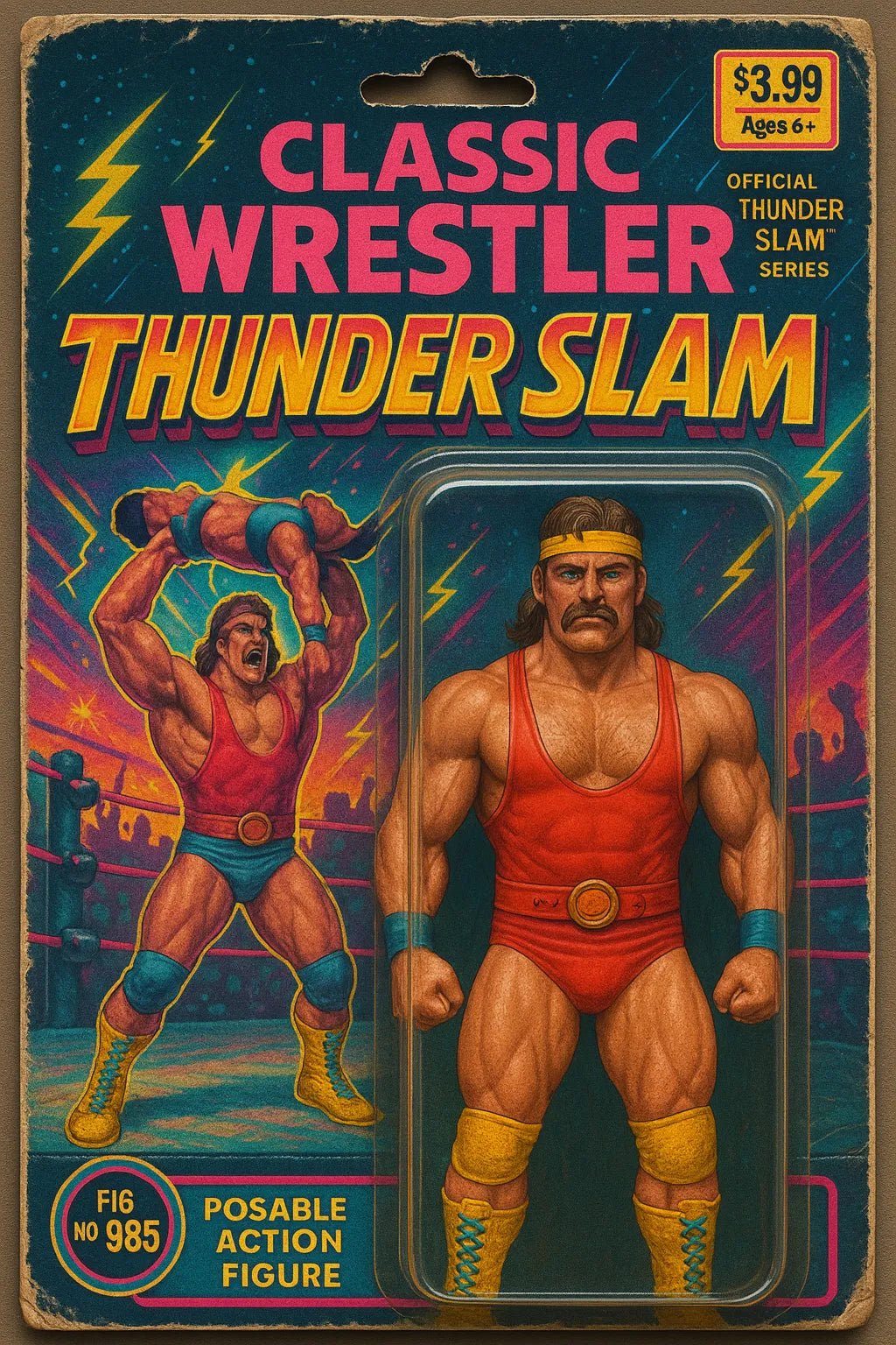 Example output from the Vintage Action Figure Packaging Boxes ChatGPT prompt: nostalgic toy packaging designs styled like 80s and 90s action figures. Thunder Slam.