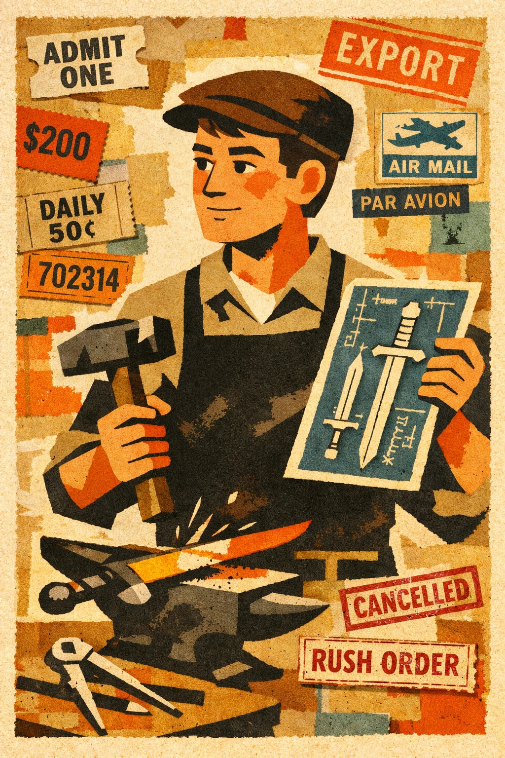 Example output from the Vintage Character Portrait Posters ChatGPT prompt: a retro collage portrait of a blacksmith's apprentice with bold shapes, collage textures and vintage ticket ephemera.