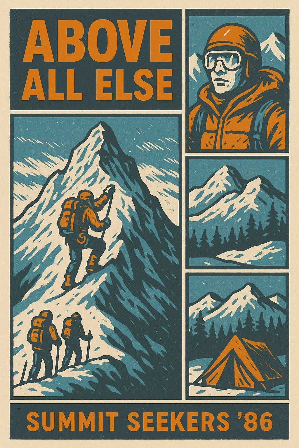Example output from the Vintage Framed Scene Posters ChatGPT prompt: retro poster illustrations with stylized scenes, framed titles, and expressive taglines—ideal for screen-printed merchandise and visual storytelling. Above All Else.