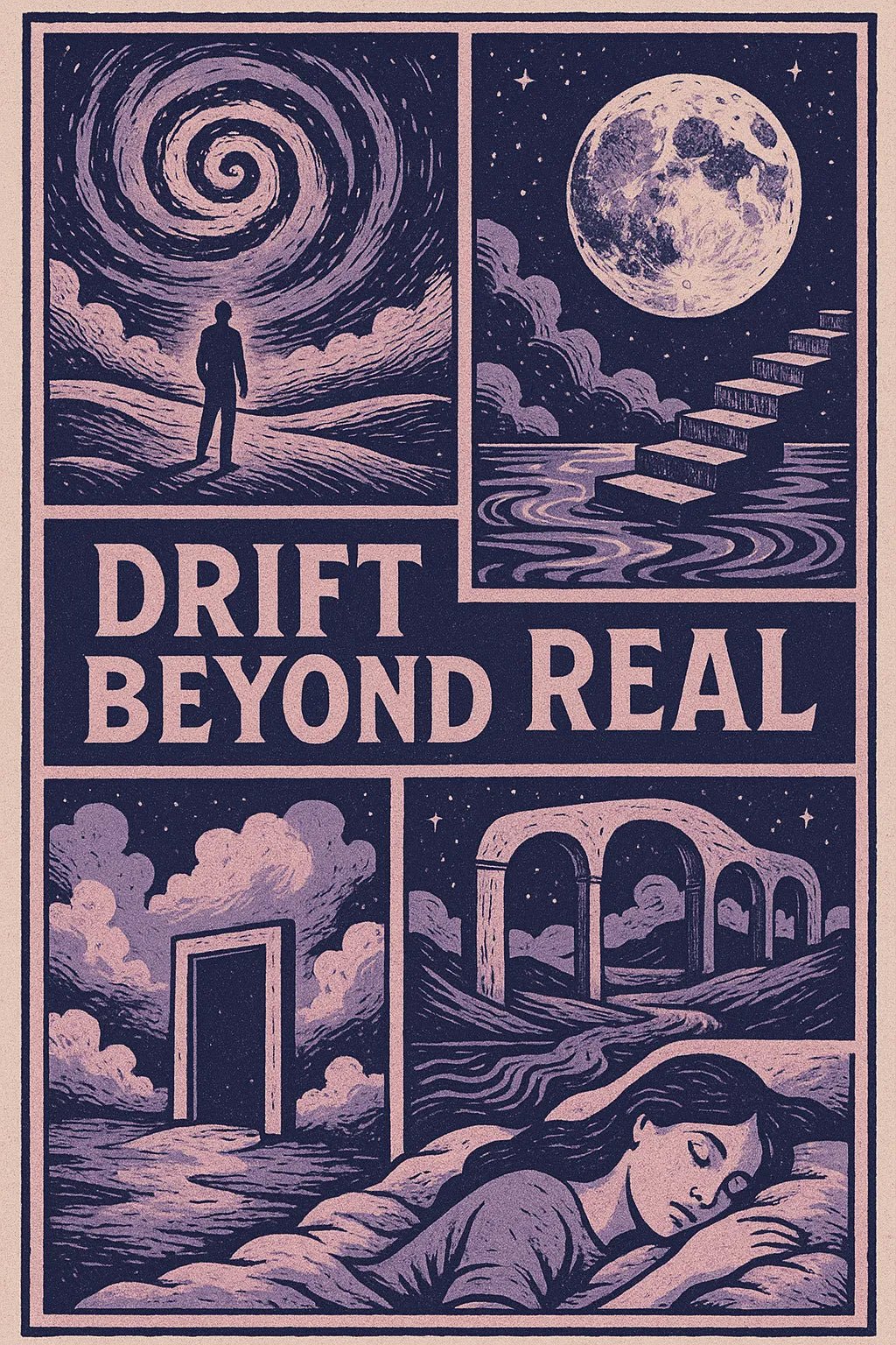 Example output from the Vintage Framed Scene Posters ChatGPT prompt: retro poster illustrations with stylized scenes, framed titles, and expressive taglines—ideal for screen-printed merchandise and visual storytelling. Drift Beyond Real.