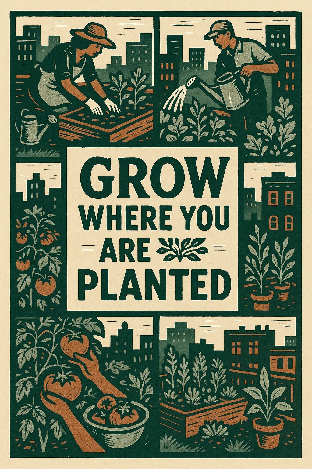 Example output from the Vintage Framed Scene Posters ChatGPT prompt: retro poster illustrations with stylized scenes, framed titles, and expressive taglines—ideal for screen-printed merchandise and visual storytelling. Grow Where You Are Planted.