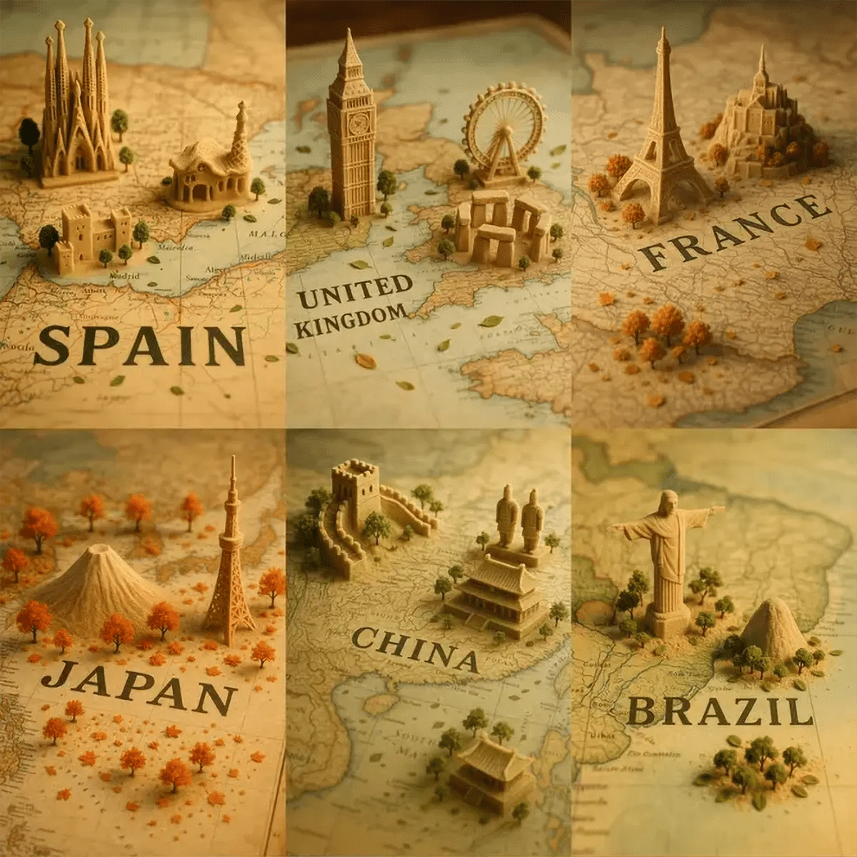 Example output of hyper-realistic vintage map photos generated by a ChatGPT prompt template, featuring portrait-oriented maps with sand-sculpted miniatures of landmarks (Sagrada Familia, Big Ben, Eiffel Tower, Mount Fuji, Great Wall, Christ the Redeemer), accented by tiny trees, scattered leaves, and warm lighting.