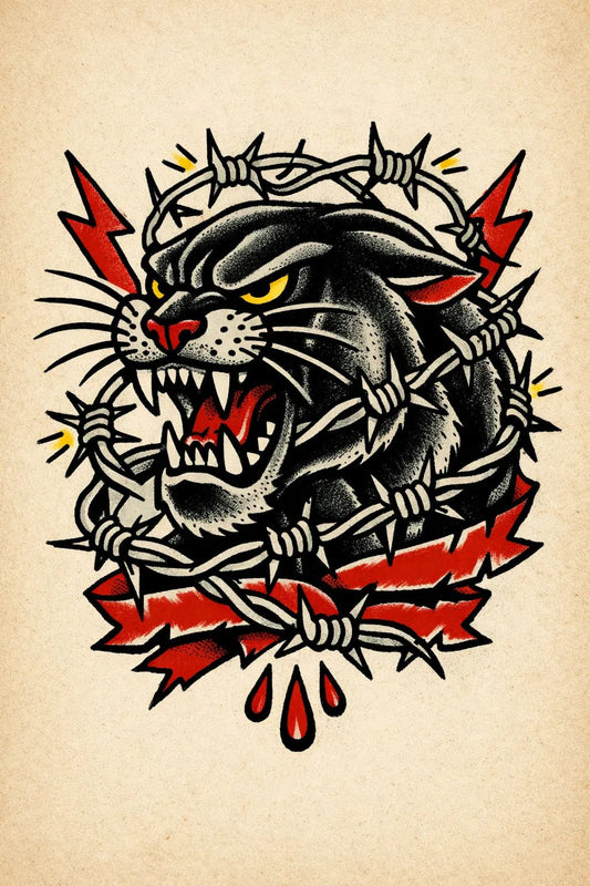 Traditional vintage flash tattoo in bold old-school style on aged paper featuring Panther