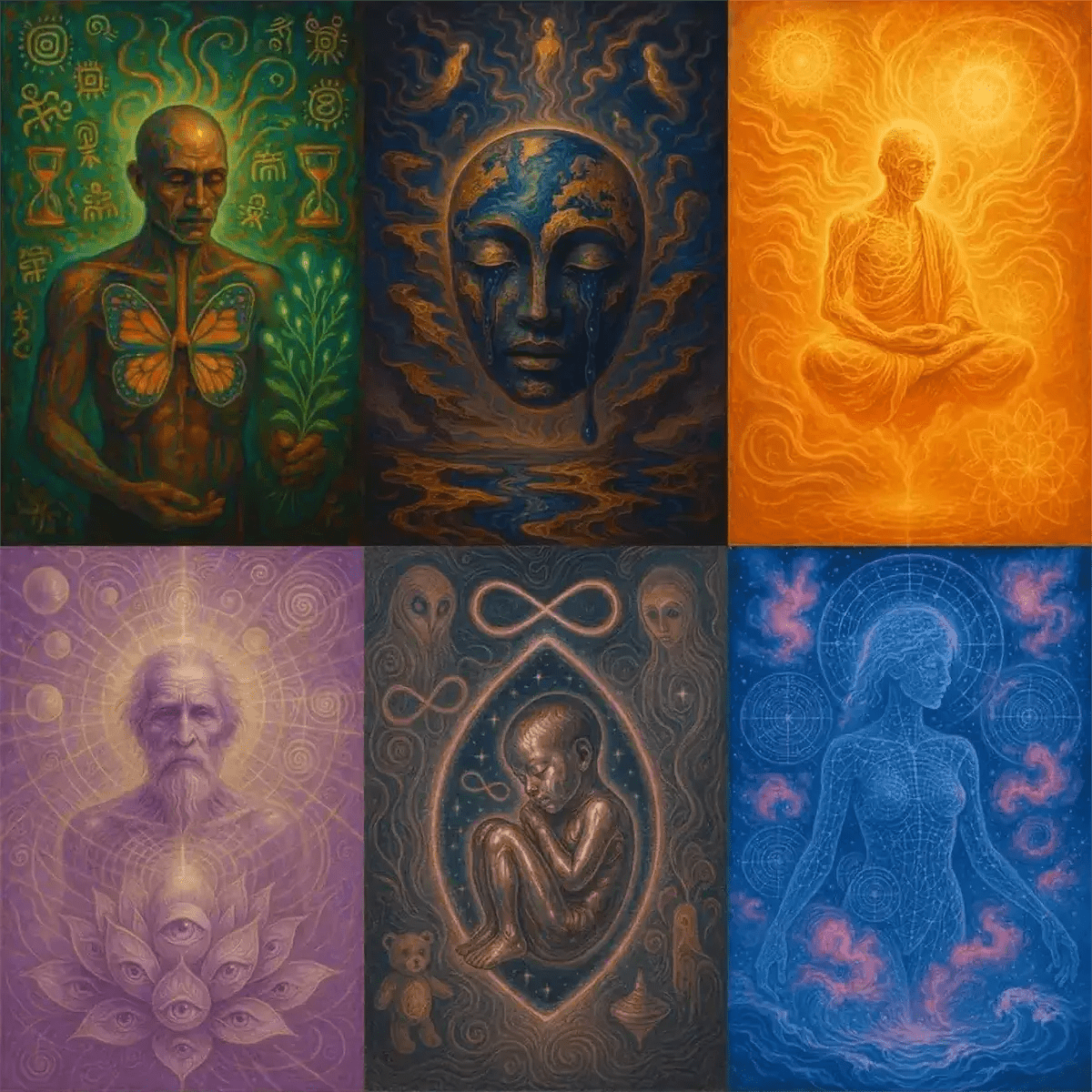 Example output from the Visionary Psychedelic Portraits ChatGPT prompt: luminous surreal portraits featuring mystical figures, radiant color gradients, and glowing anatomical symbolism in a visionary art style.