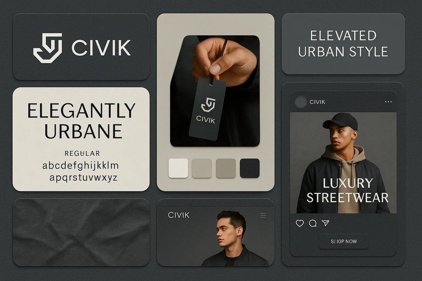 Example output from the Visual Brand Identity Grid Boards ChatGPT prompt: modular grid layouts featuring logos, type styles, palettes, and app mockups—mimicking creative pitch decks for brand strategy presentations. CIVIK