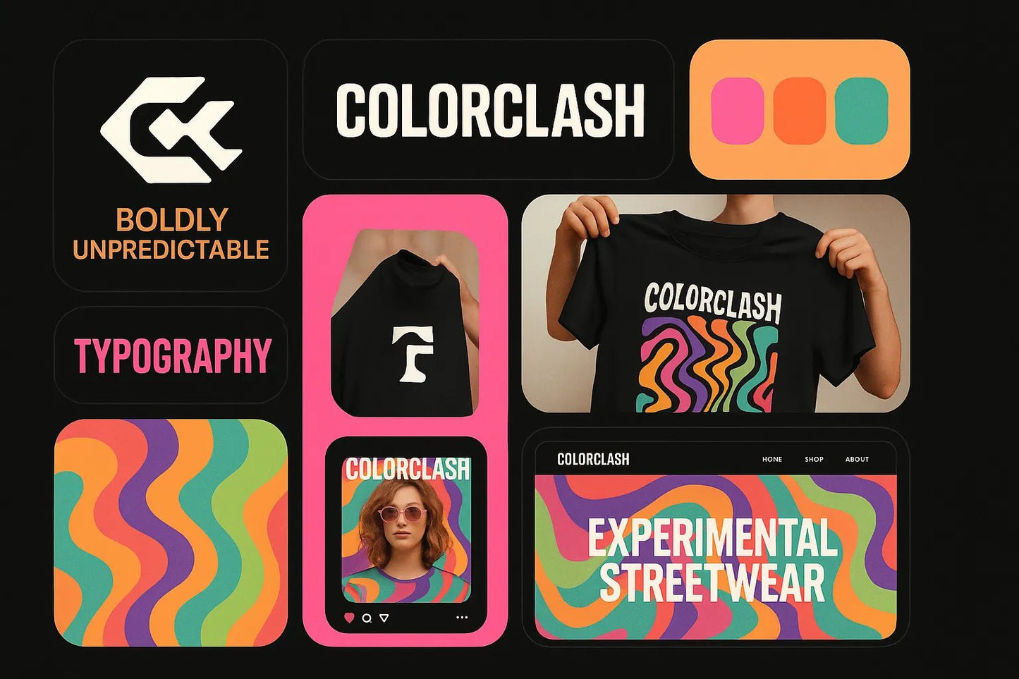 Example output from the Visual Brand Identity Grid Boards ChatGPT prompt: modular grid layouts featuring logos, type styles, palettes, and app mockups—mimicking creative pitch decks for brand strategy presentations. COLORCLASH.