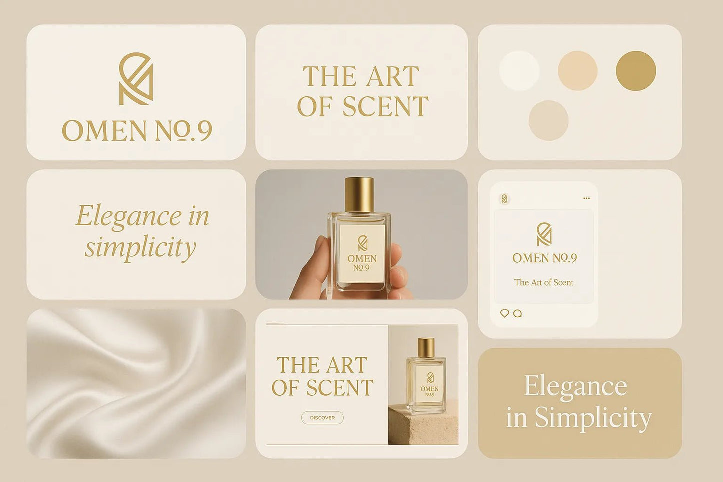 Example output from the Visual Brand Identity Grid Boards ChatGPT prompt: modular grid layouts featuring logos, type styles, palettes, and app mockups—mimicking creative pitch decks for brand strategy presentations. Omen No. 9.