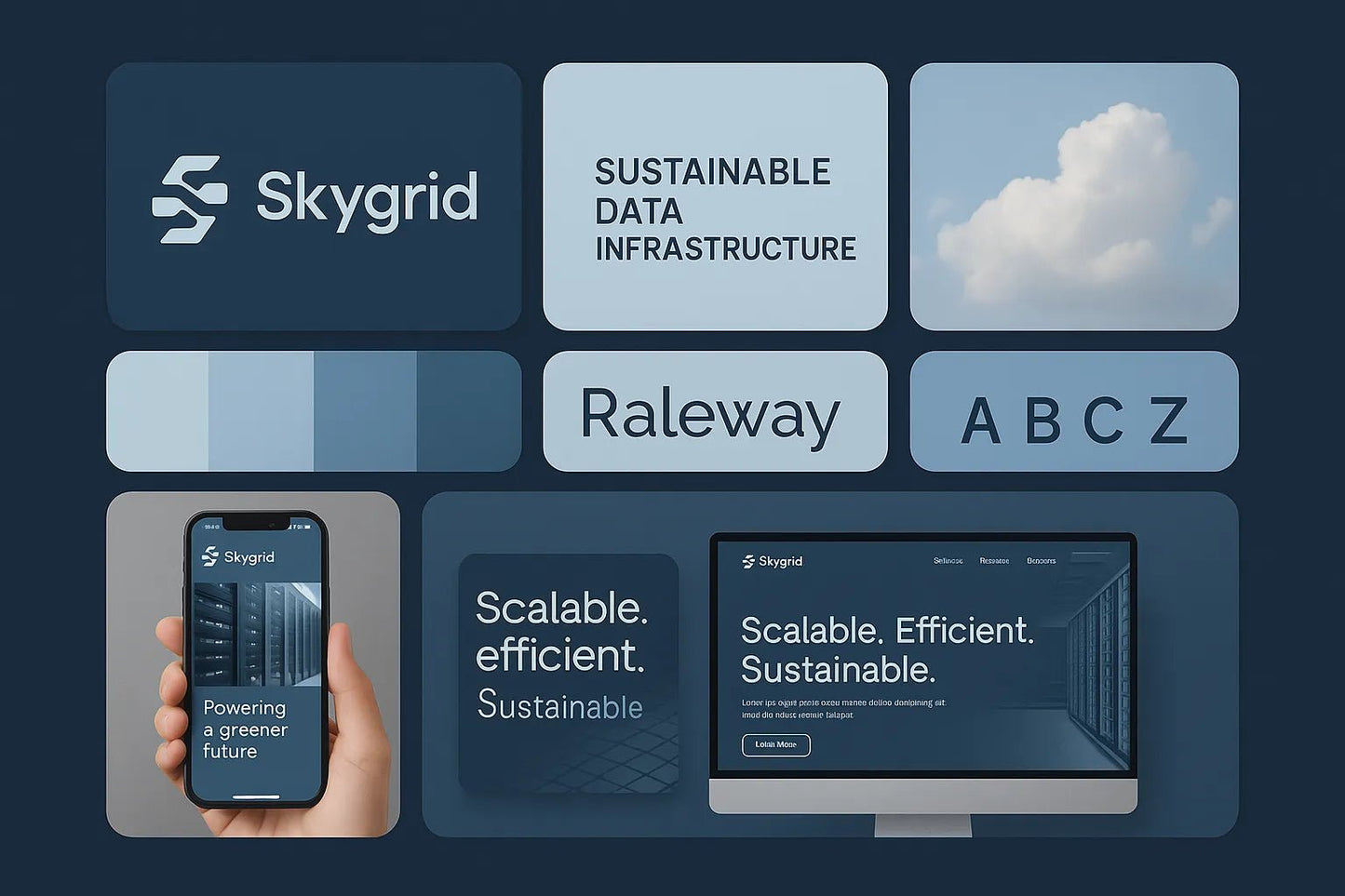 Example output from the Visual Brand Identity Grid Boards ChatGPT prompt: modular grid layouts featuring logos, type styles, palettes, and app mockups—mimicking creative pitch decks for brand strategy presentations. Skygrid.