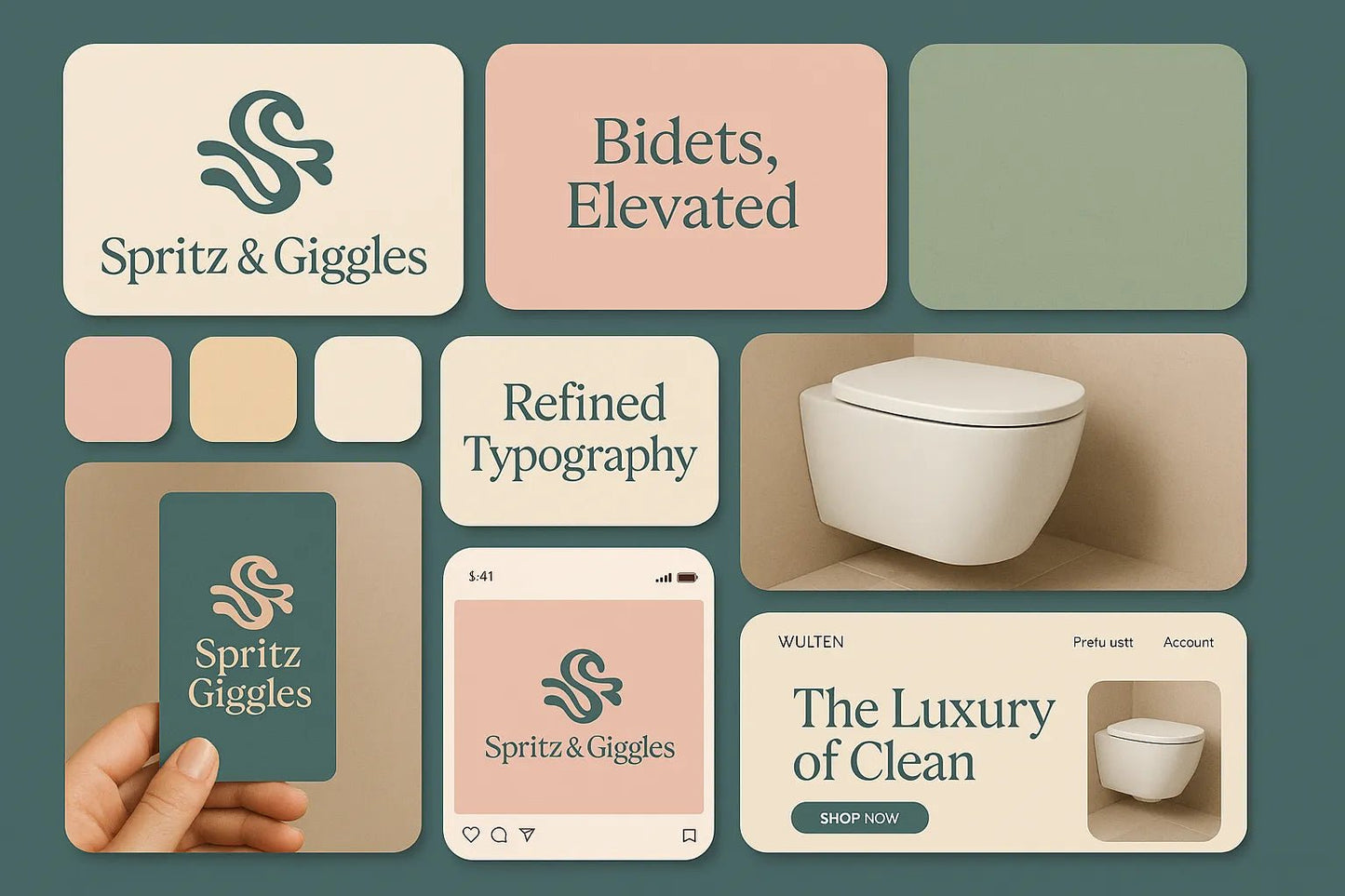Example output from the Visual Brand Identity Grid Boards ChatGPT prompt: modular grid layouts featuring logos, type styles, palettes, and app mockups—mimicking creative pitch decks for brand strategy presentations. Spritz & Giggles.