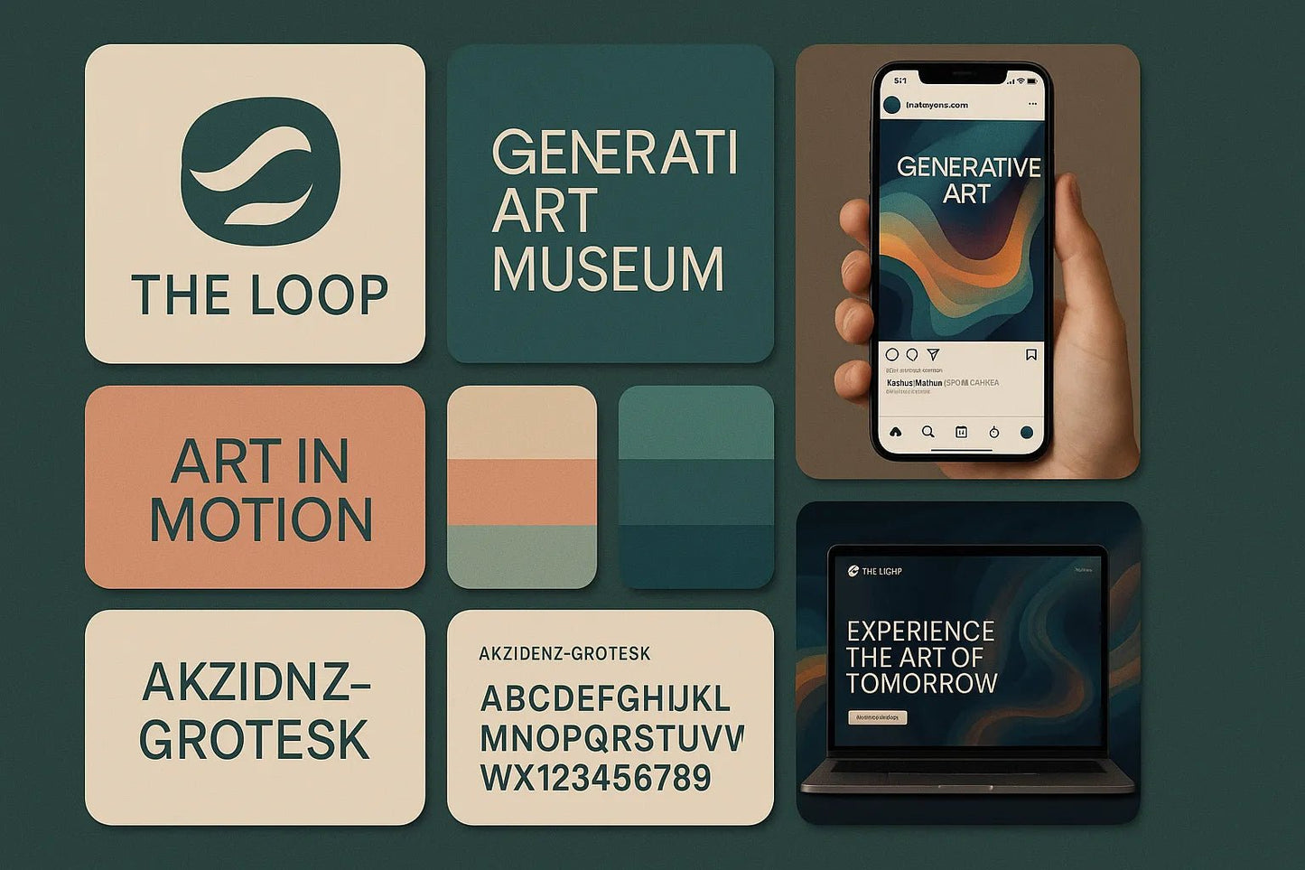 Example output from the Visual Brand Identity Grid Boards ChatGPT prompt: modular grid layouts featuring logos, type styles, palettes, and app mockups—mimicking creative pitch decks for brand strategy presentations. The Loop.
