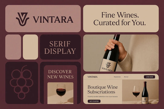 Example output from the Visual Brand Identity Grid Boards ChatGPT prompt: modular grid layouts featuring logos, type styles, palettes, and app mockups—mimicking creative pitch decks for brand strategy presentations. VINTARA.