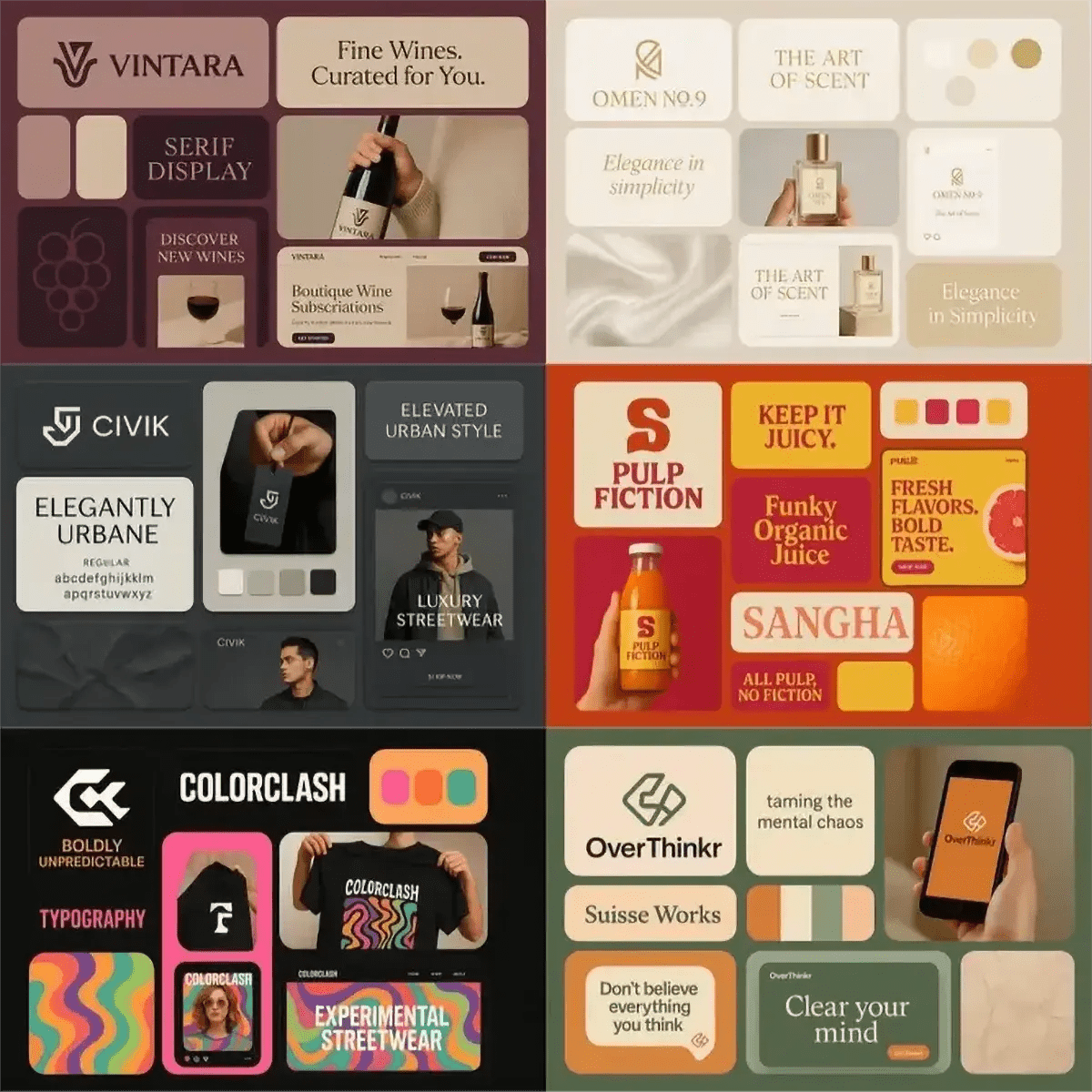 Example output from the Visual Brand Identity Grid Boards ChatGPT prompt: modular grid layouts featuring logos, type styles, palettes, and app mockups—mimicking creative pitch decks for brand strategy presentations.