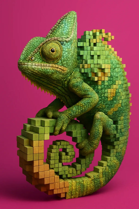 Example output from the Voxel Integrated Animals And Fruits ChatGPT prompt: ultra-detailed fruit and animal portraits with embedded voxel cubes, DSLR-quality lighting, and vibrant backgrounds for surreal yet polished visuals. Chameleon.