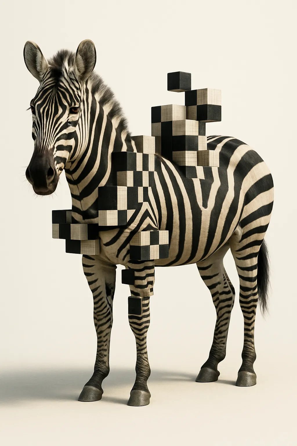Example output from the Voxel Integrated Animals And Fruits ChatGPT prompt: ultra-detailed fruit and animal portraits with embedded voxel cubes, DSLR-quality lighting, and vibrant backgrounds for surreal yet polished visuals. Zebra.