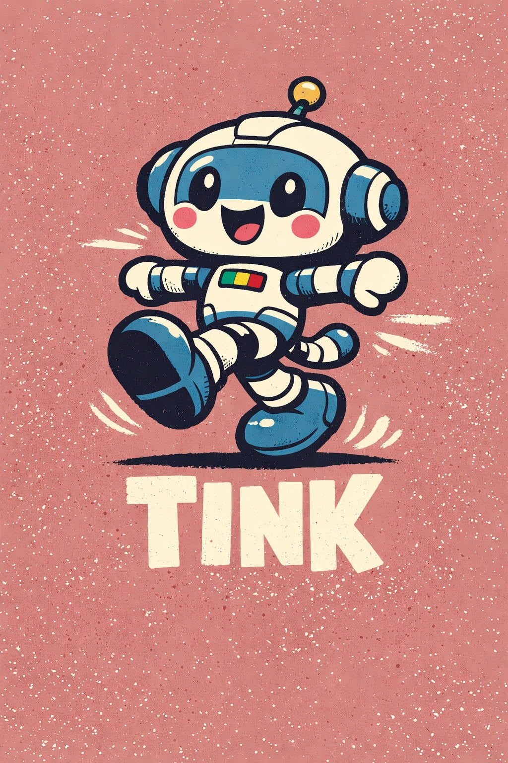 Example output from the Whimsical Cartoon Character Badges ChatGPT prompt: a Tink badge in hand-drawn cartoon vector style with motion lines on a flat color background.