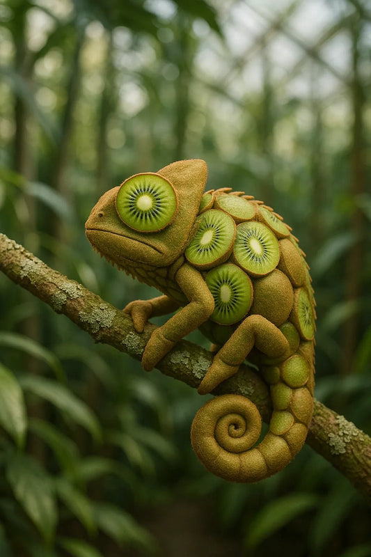 Example output from the Whimsical Fruity Animal Photo ChatGPT prompt: hyper-realistic animals crafted from fruit Chamaleon.