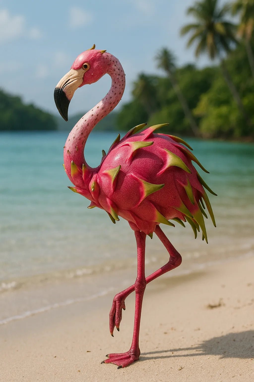 Example output from the Whimsical Fruity Animal Photo ChatGPT prompt: hyper-realistic animals crafted from fruit Flamingo.