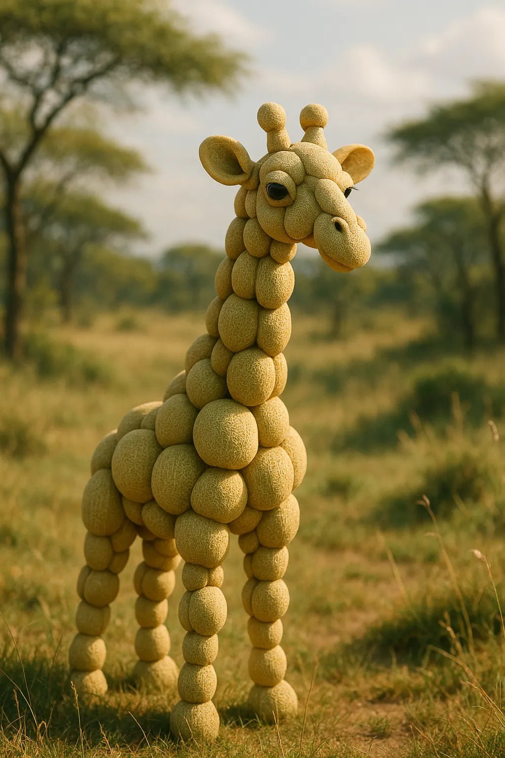 Example output from the Whimsical Fruity Animal Photo ChatGPT prompt: hyper-realistic animals crafted from fruit Giraffe.