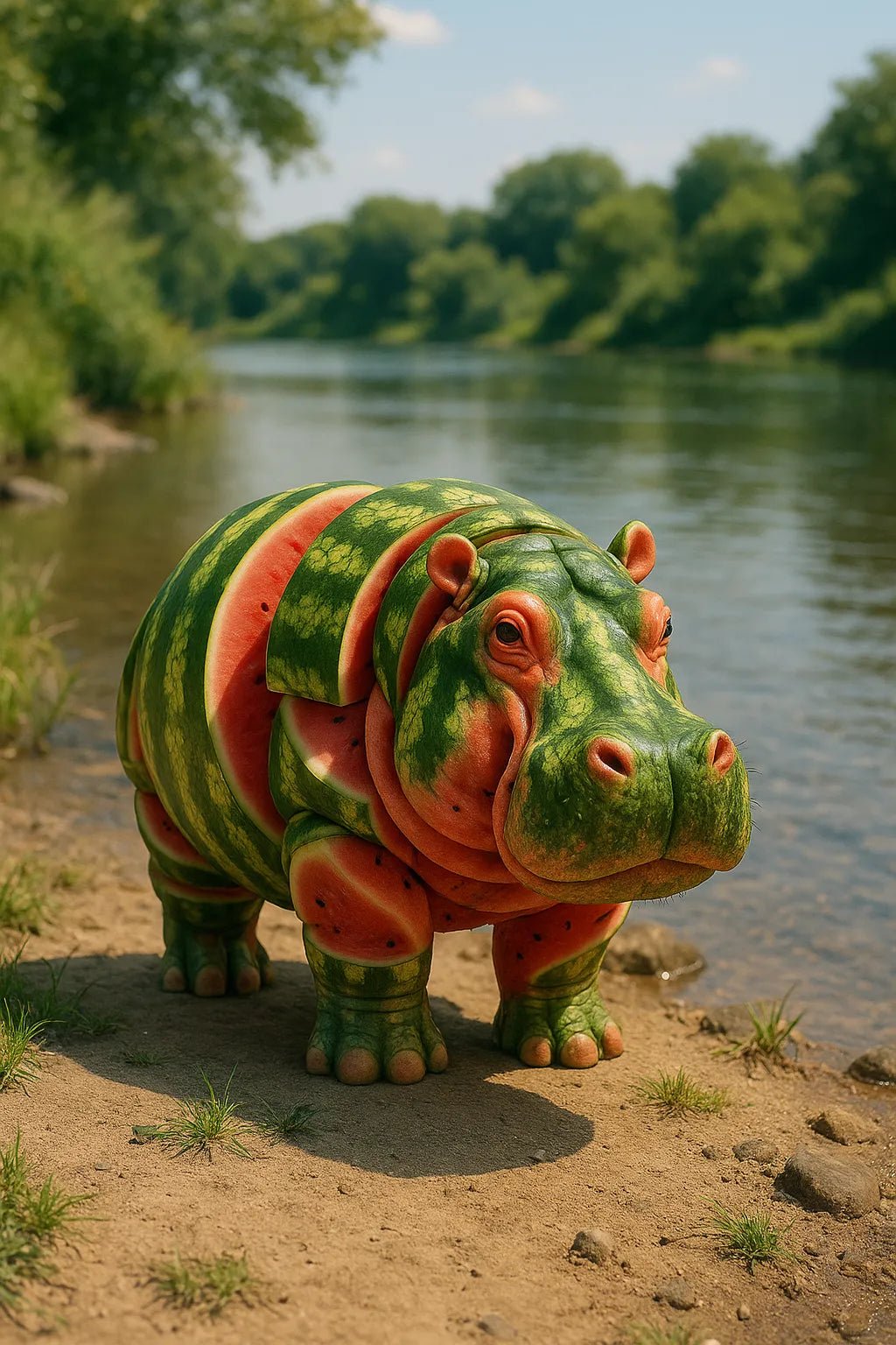 Example output from the Whimsical Fruity Animal Photo ChatGPT prompt: hyper-realistic animals crafted from fruit Hippo.