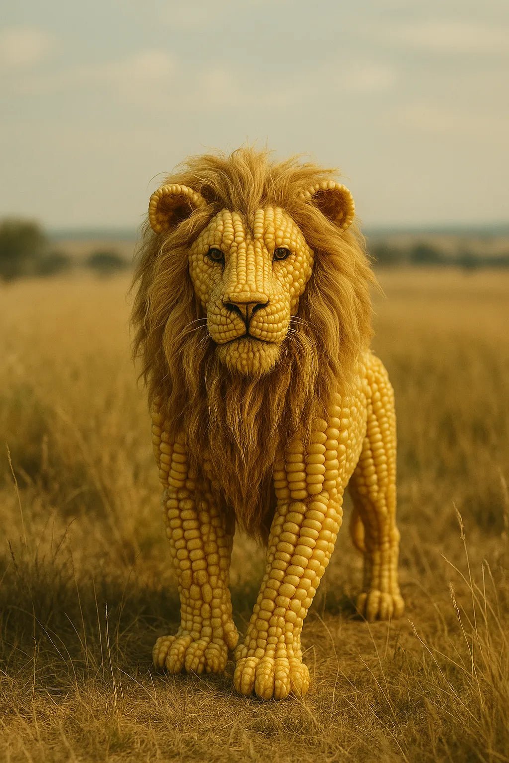 Example output from the Whimsical Fruity Animal Photo ChatGPT prompt: hyper-realistic animals crafted from fruit Lion.