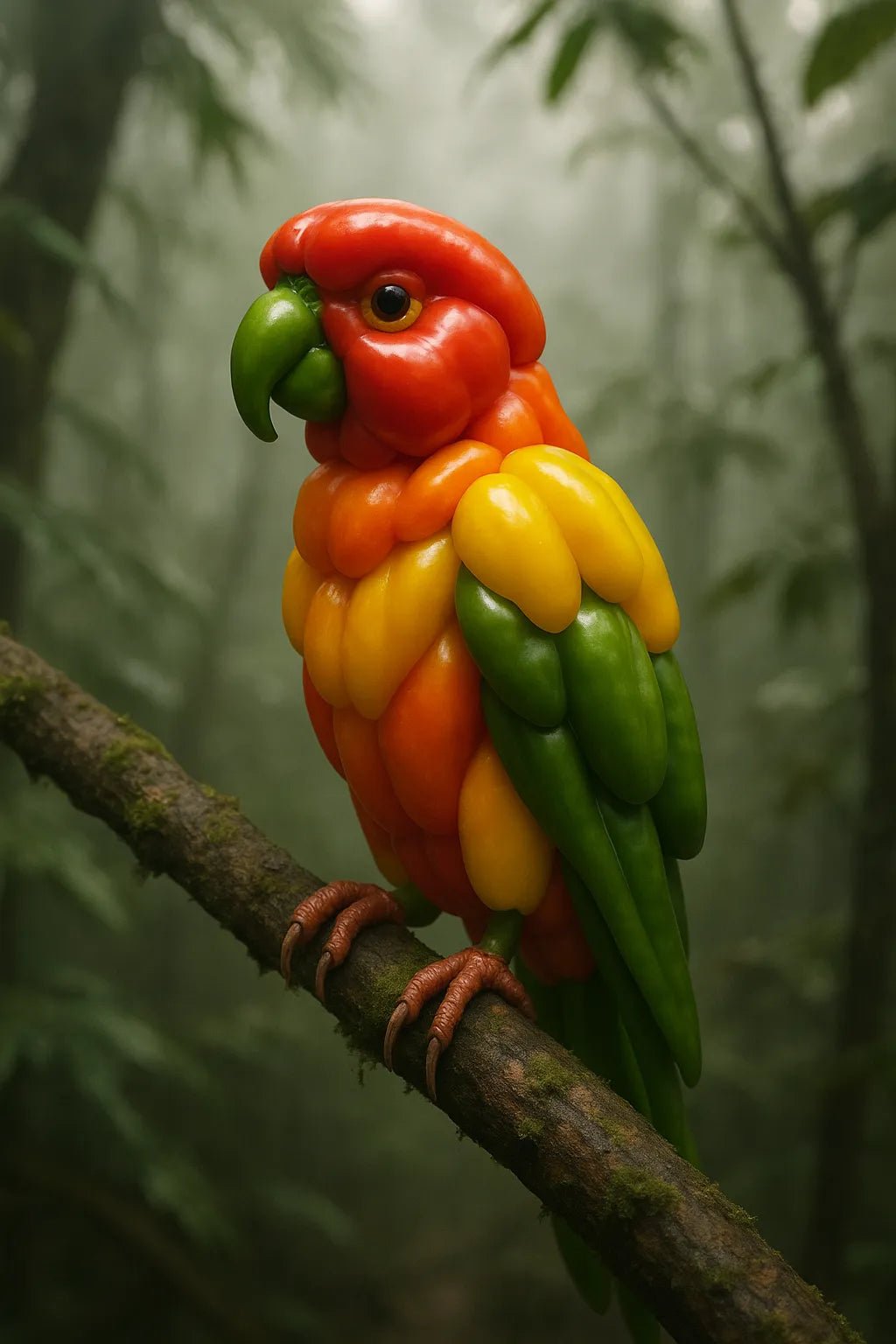 Example output from the Whimsical Fruity Animal Photo ChatGPT prompt: hyper-realistic animals crafted from fruit Parrot.